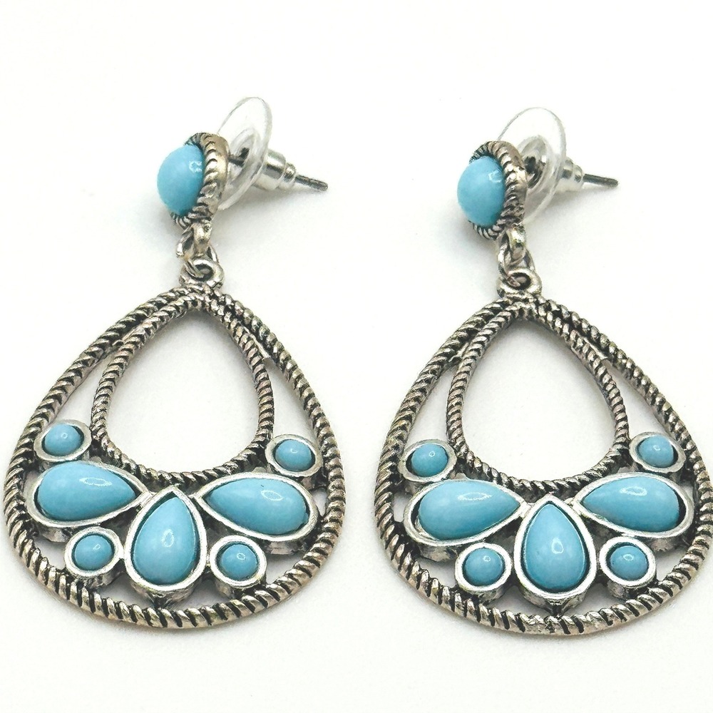 Southwestern Style Turquoise Look‎ Teardrop Dangle Earrings Silver Tone Boho